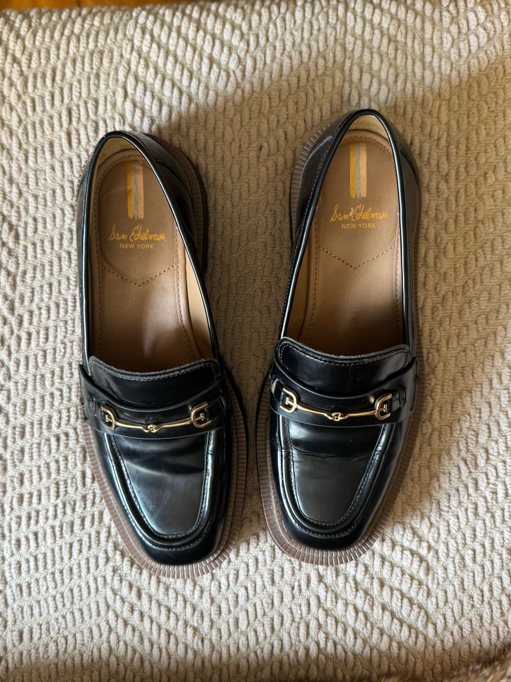 Sam Edelman Black Leather Loafers with Gold Hardware